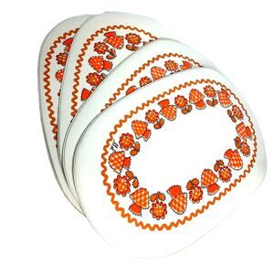 Vintage 70s Orange Mushroom Placemats Retro Floral Oval Table Mats Set of 4